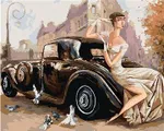 Dáma pri retro aute, 80 × 100 cm, bez rámu a bez napnutia plátna Dáma pri retro aute, 80 × 100 cm, bez rámu a bez napnutia plátna